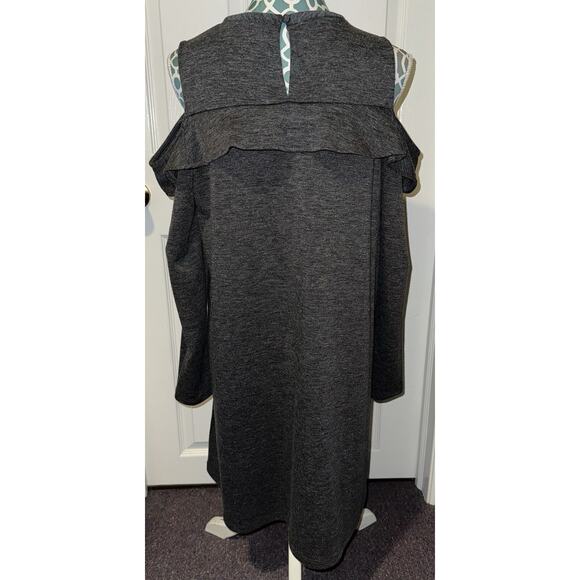 Loft Gray Cold Shoulder Ruffle Trim A-Line Knit Dress Sz Lg. - Picture 4 of 10